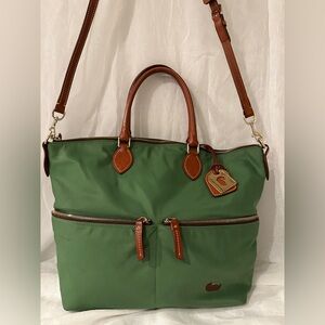 Dooney & Bourke Green Nylon Zip Tote with Leather Trim & Crossbody Strap